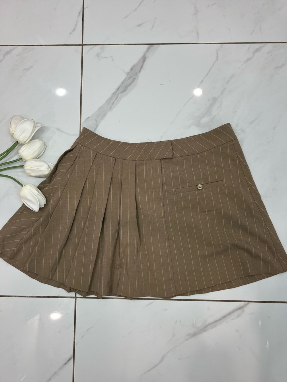 Zara Brown Pinstripe Pleated Skater Skirt